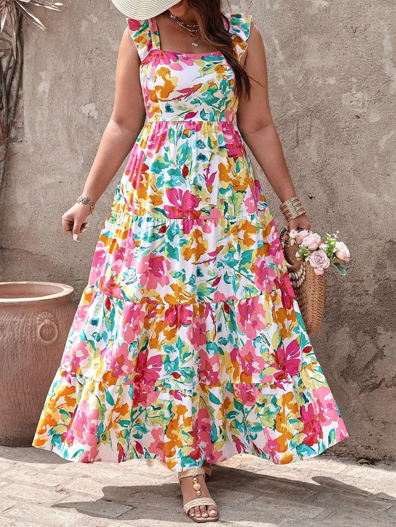 Boho Floral Tiered Backless Dress With Ruffle Straps For Summer Vacation
