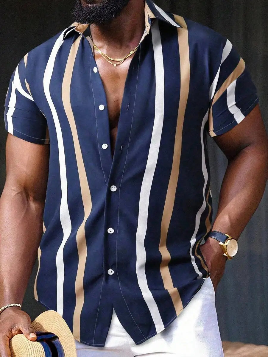 Vertical Stripe Short Sleeve Button Up Shirt Casual Summer