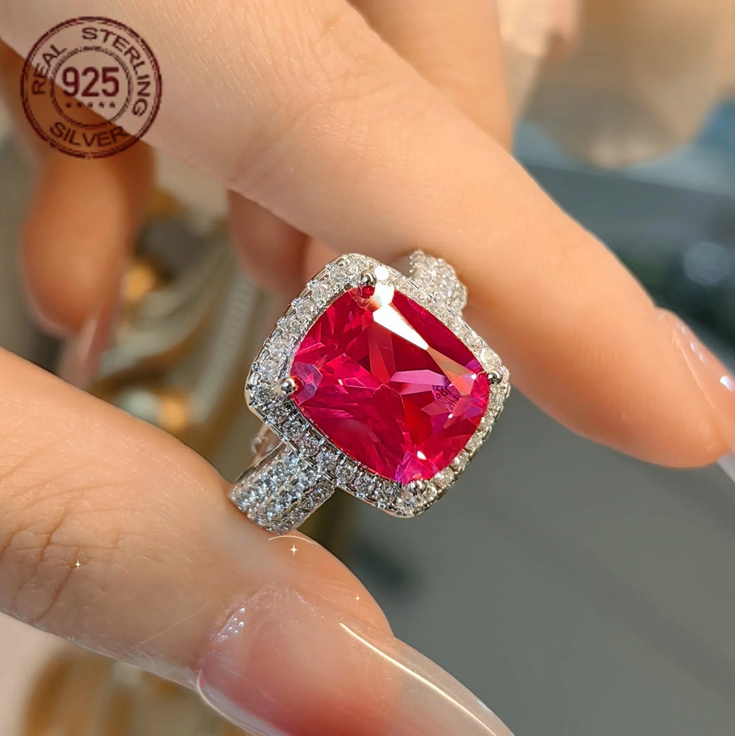 Silver Princess Cut Ruby Zircon Ring For Women