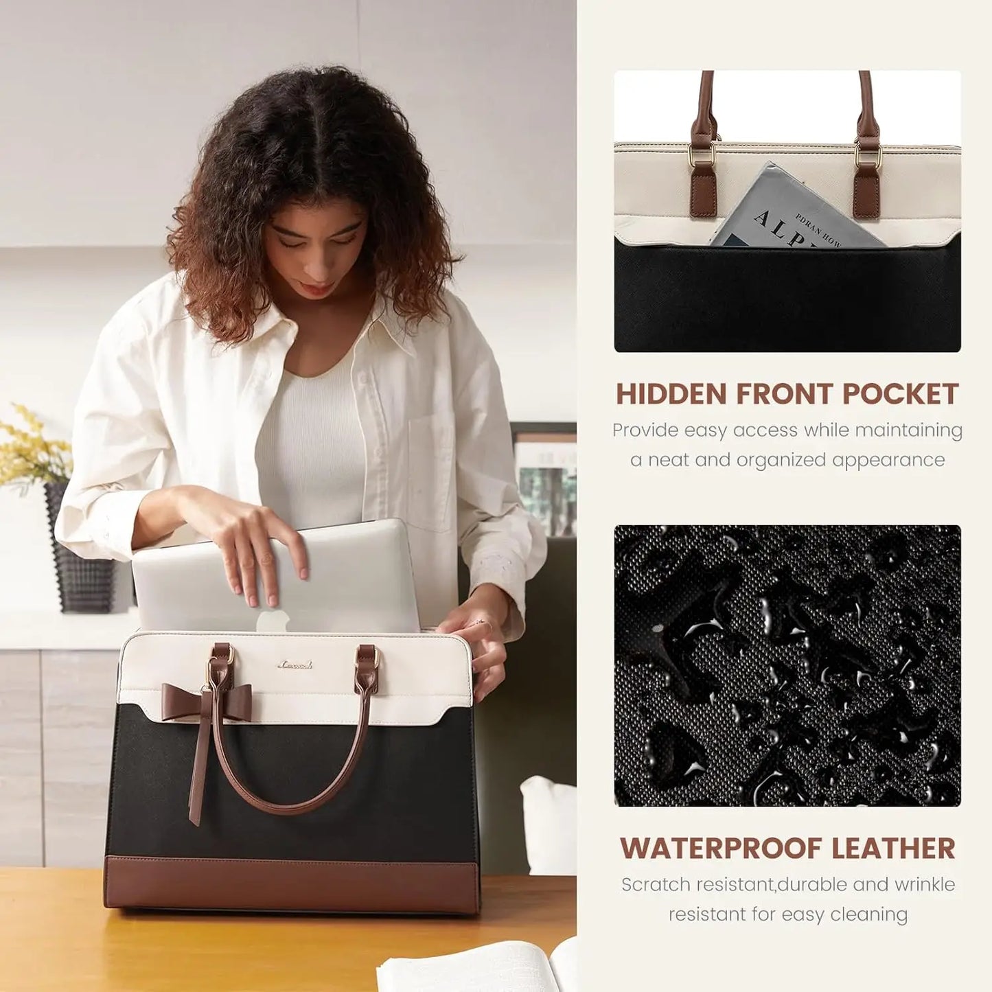 Waterproof PU Leather Laptop Tote for Women with Adjustable Strap