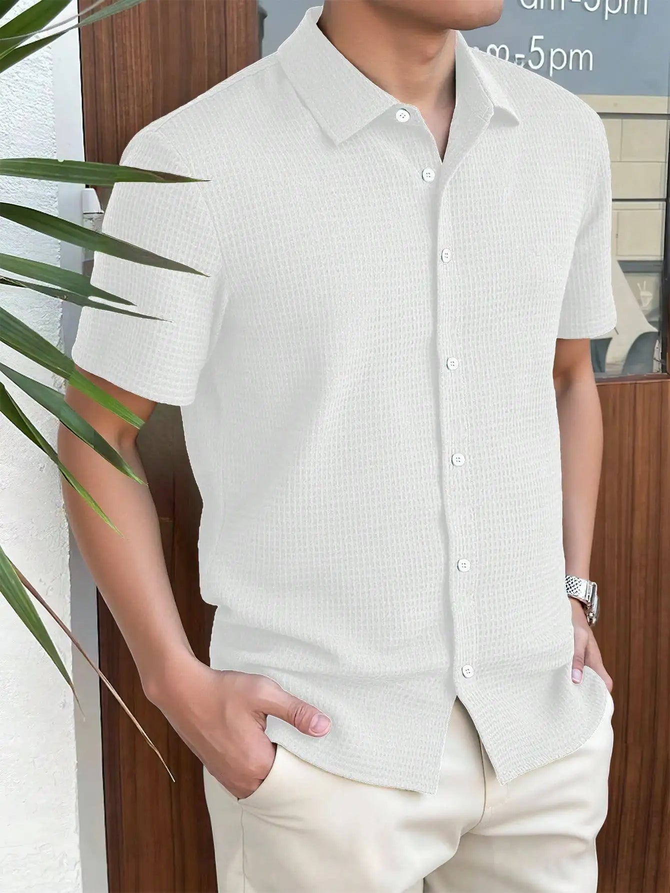Men's Waffle Knit Short Sleeve Button Down Shirt Casual Spring