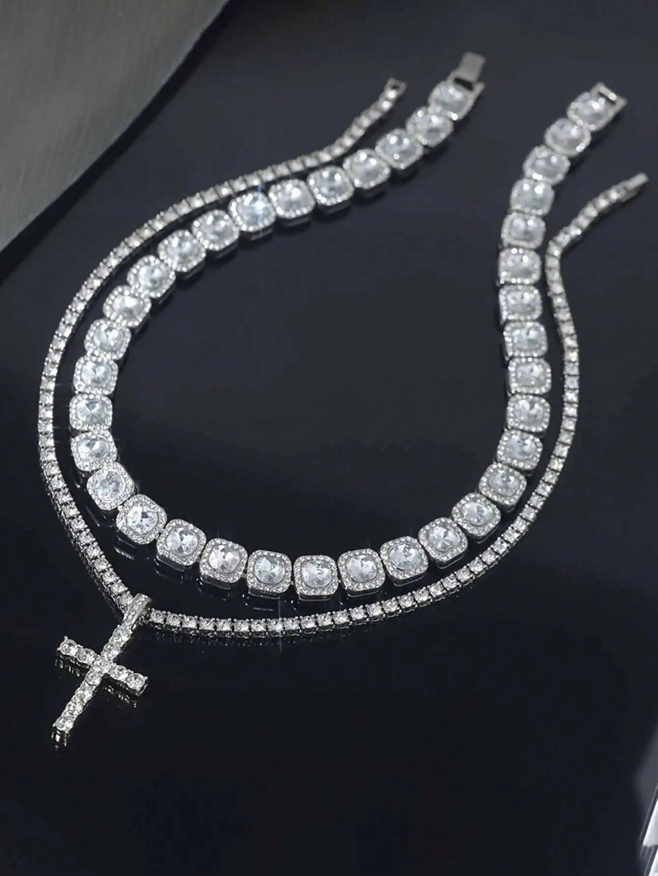 Layered Iced Out Tennis Chain Necklace With Cross Pendant
