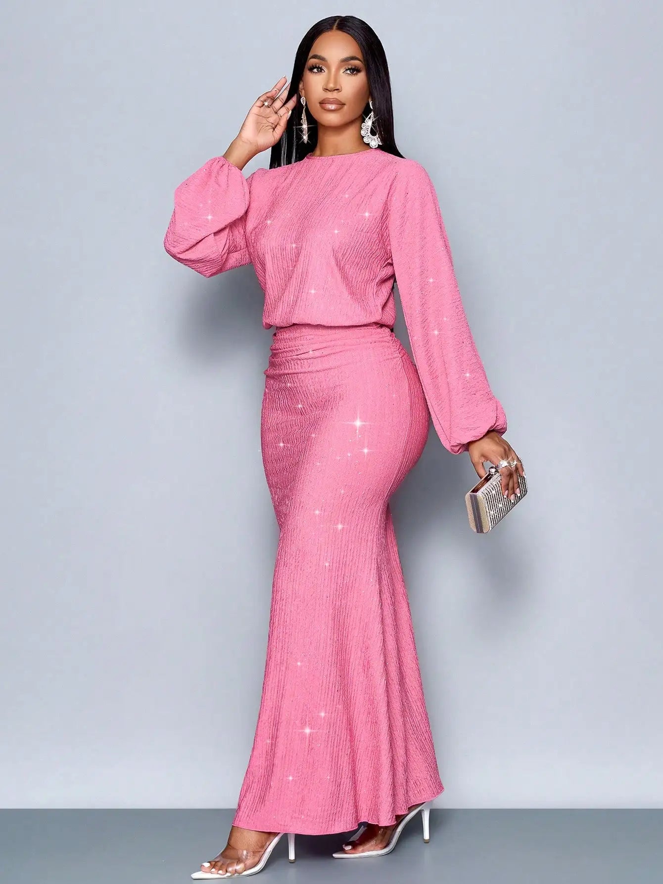 Mermaid Hem Bodycon Maxi Dress With Sequins And Puff Sleeves