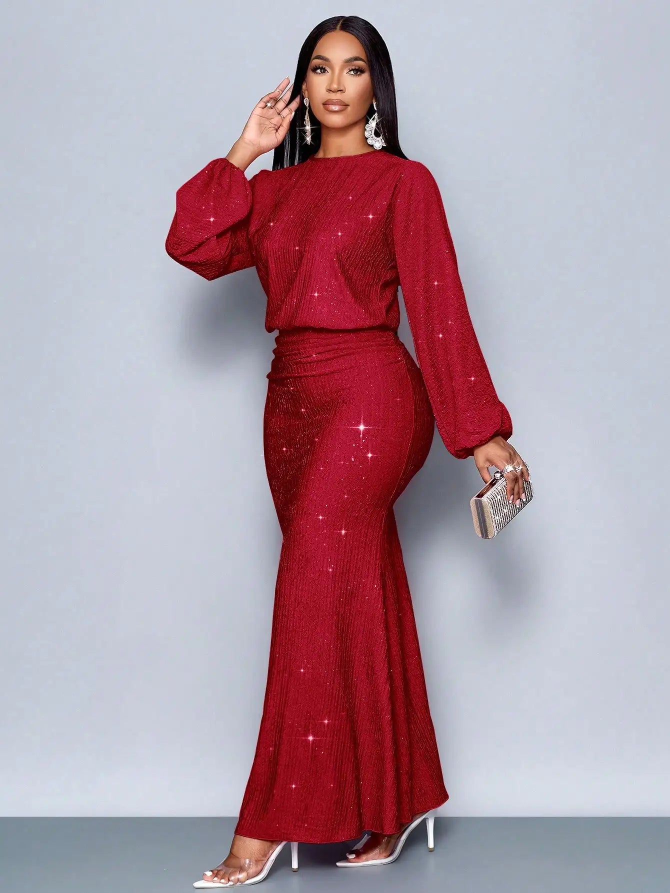 Mermaid Hem Bodycon Maxi Dress With Sequins And Puff Sleeves