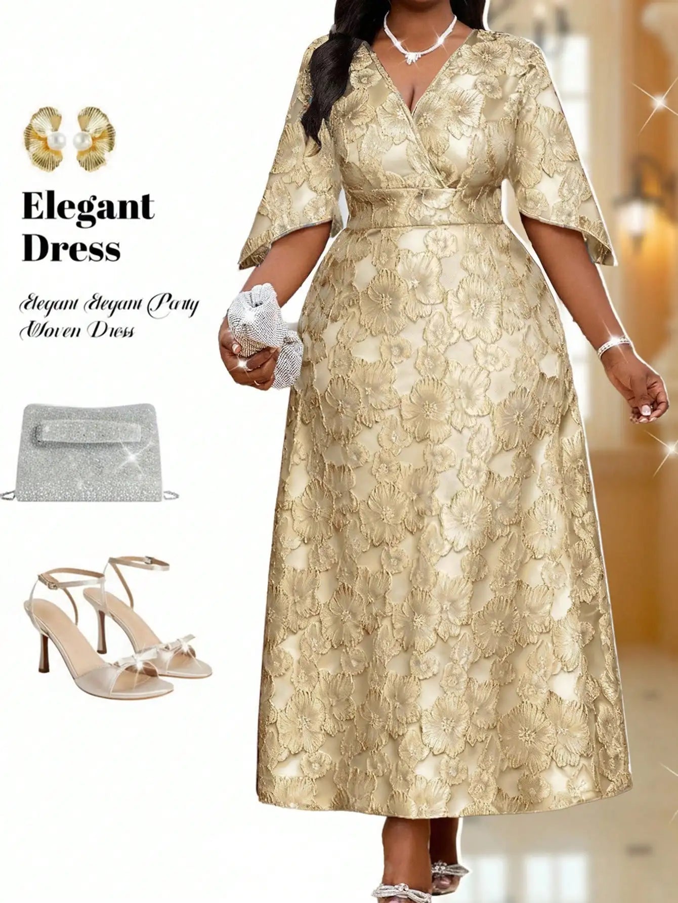 V-Neck Floral Embroidered Midi Dress for Party and Christmas