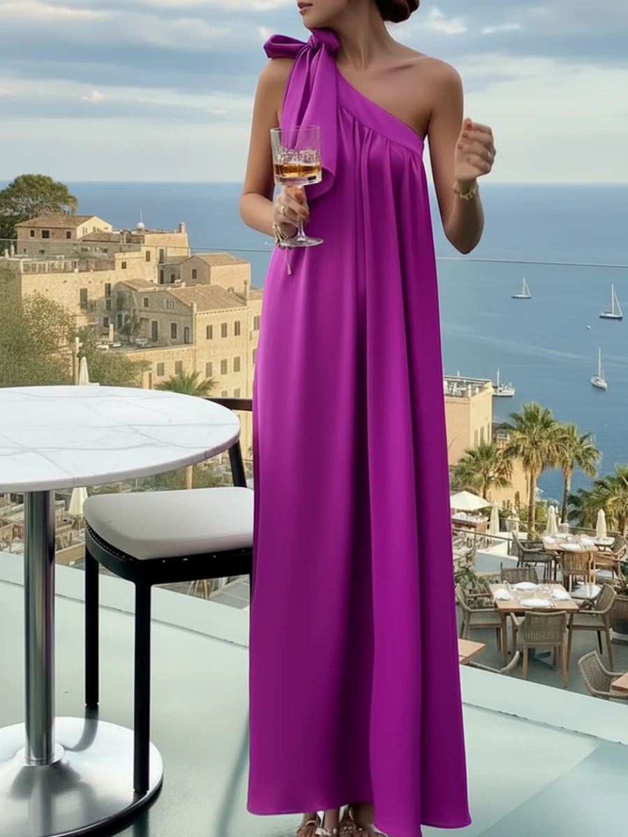 One-Shoulder Draped Maxi Dress For Evening And Resort Wear