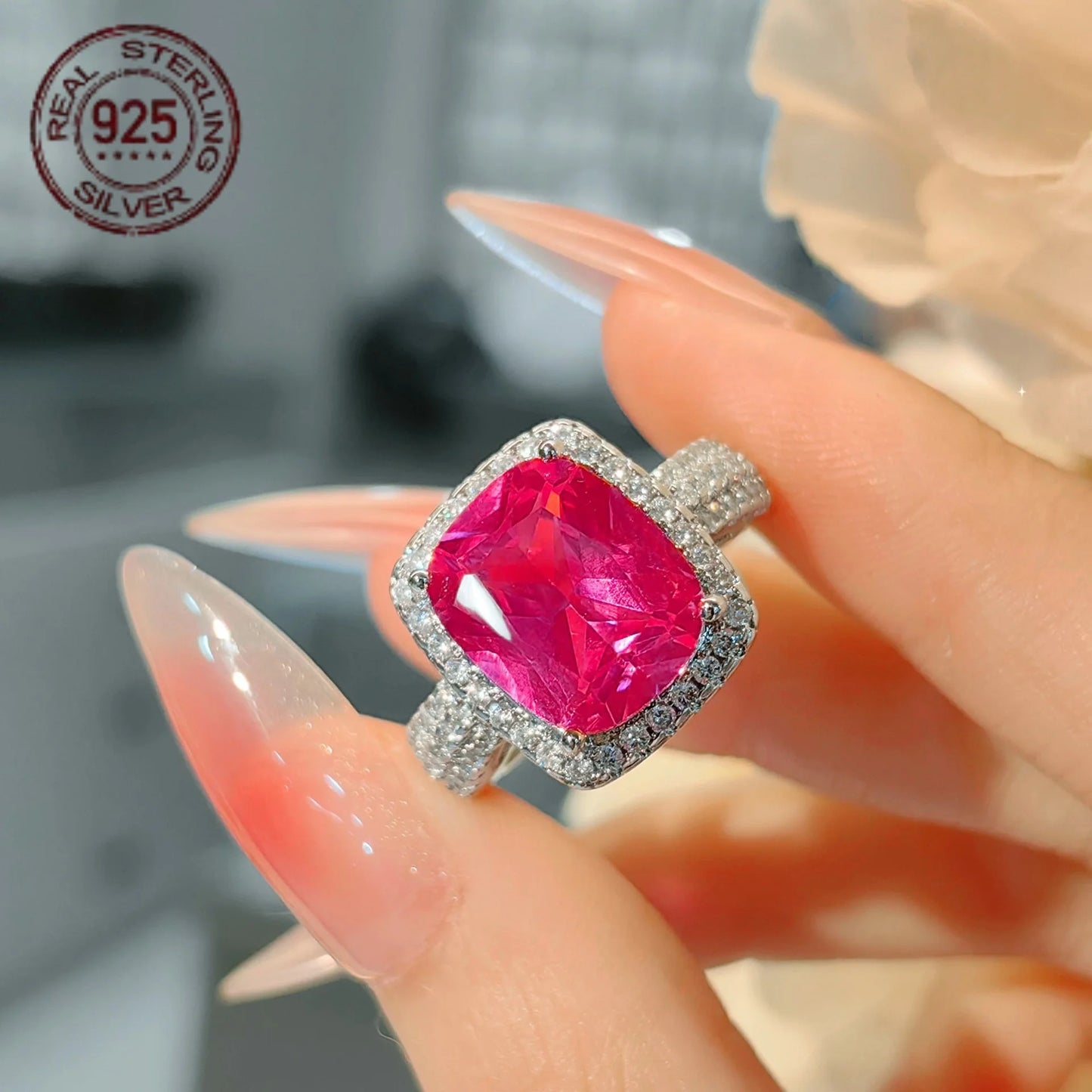 Silver Princess Cut Ruby Zircon Ring For Women
