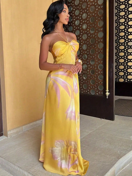Floral Halter Neck Maxi Dress With Flowy Skirt For Summer Events