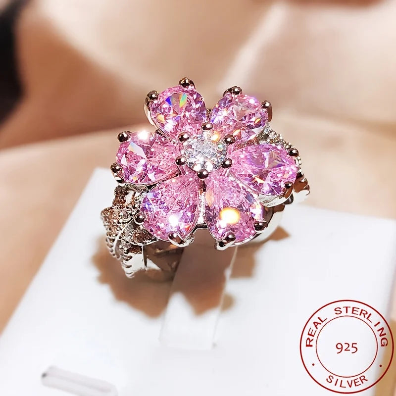 Sterling Silver Ring For Women Zirconia Pink Flower