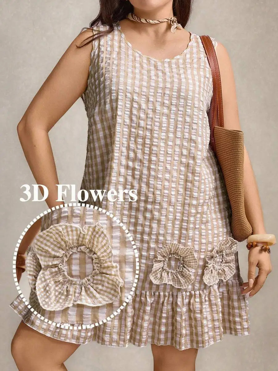 Sleeveless Round Neck Cotton Dress With 3D Floral Ruffles