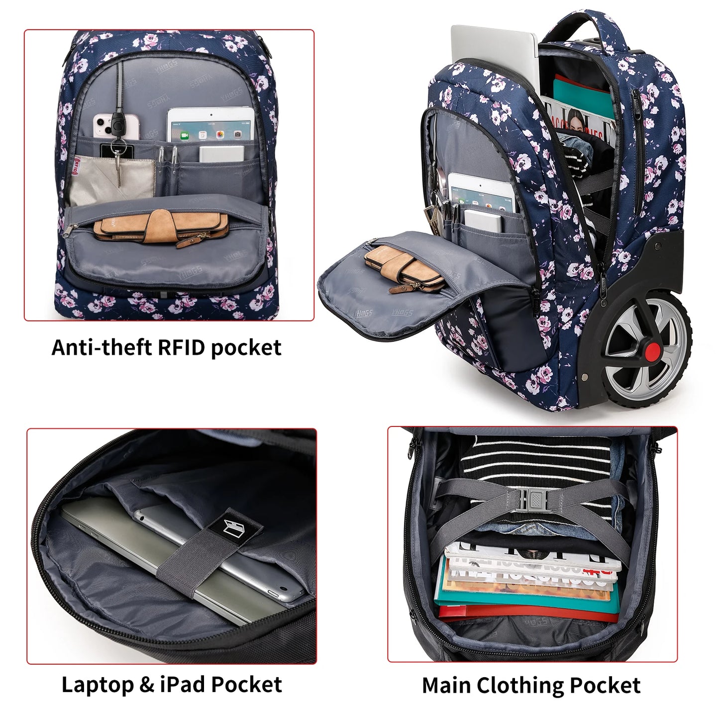 Large Capacity Travel Backpack With Wheels Waterproof Laptop Bag