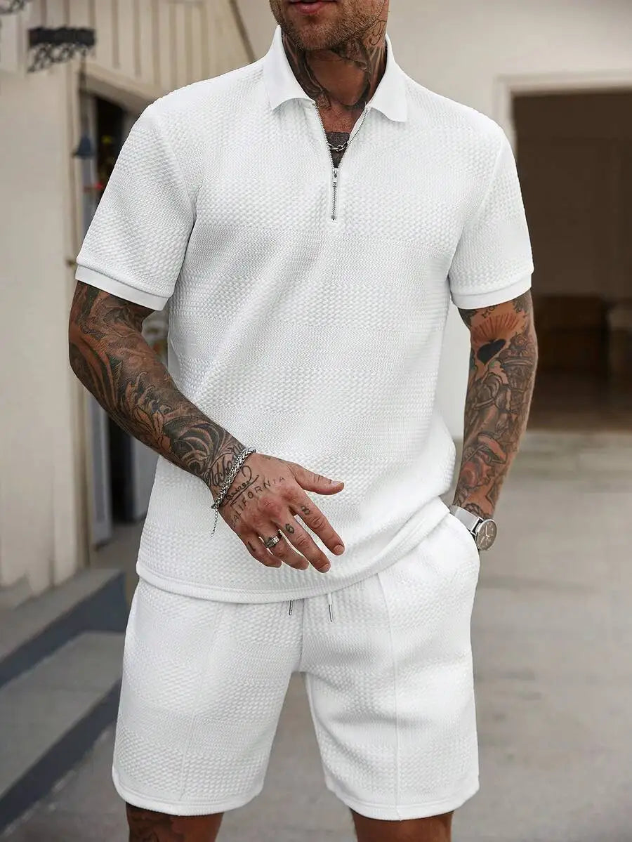 Mens Textured Half Zip Polo Shirt And Shorts Set Summer