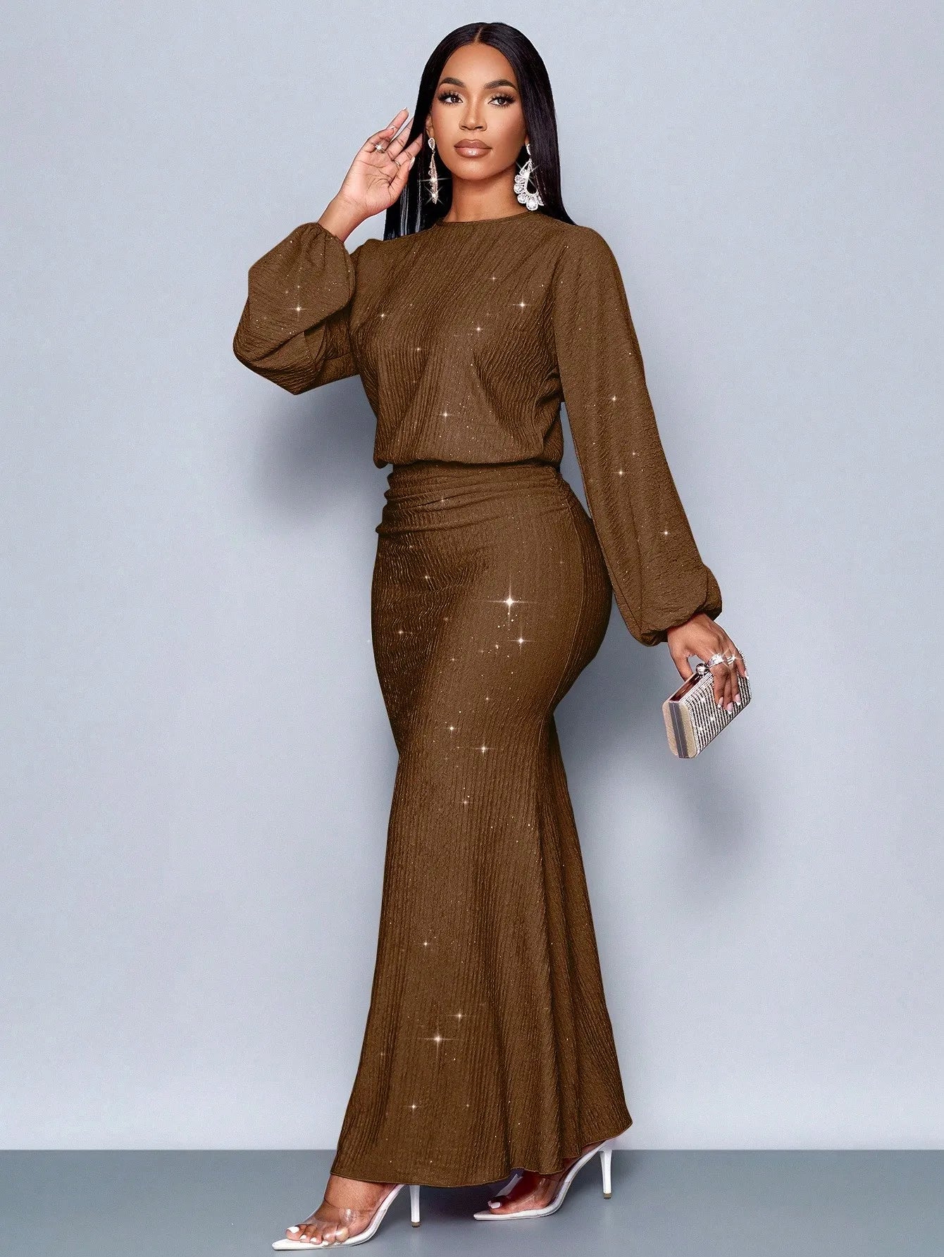 Mermaid Hem Bodycon Maxi Dress With Sequins And Puff Sleeves