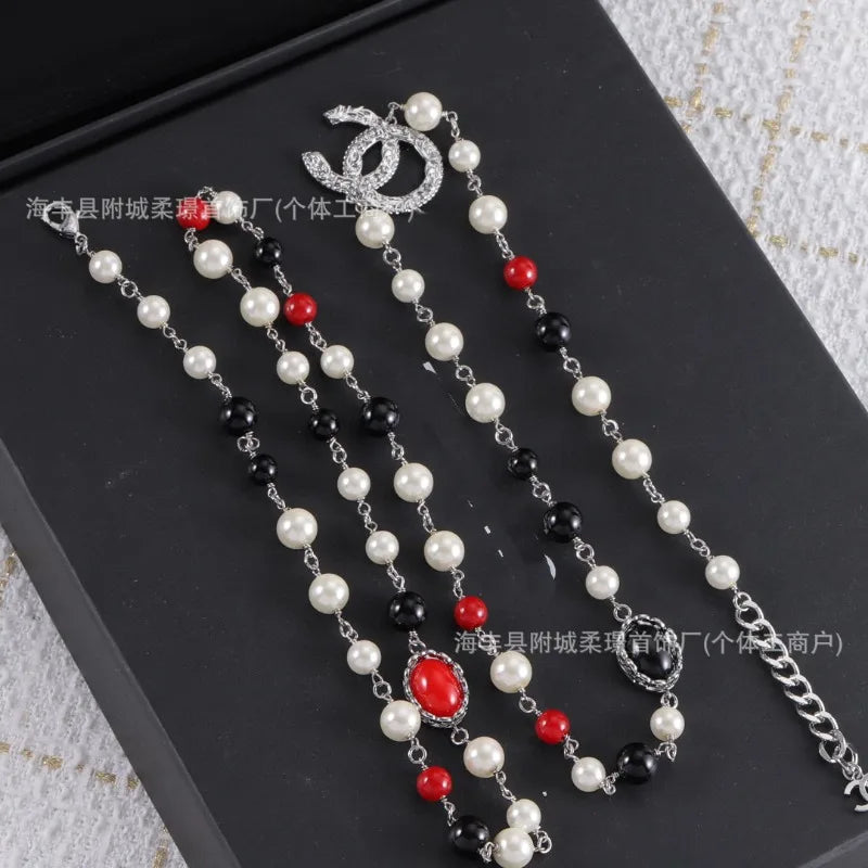 Double C Pearl Necklace Peach Heart Tassel Fragrant Style