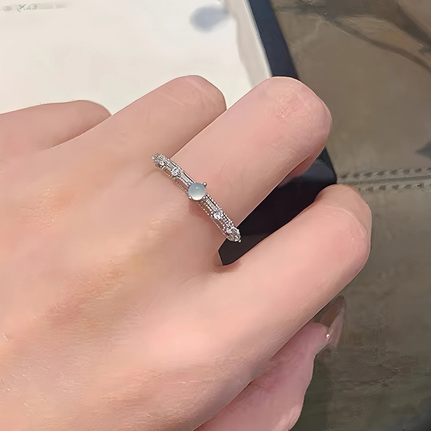 Sterling Silver Hotan Jade Geometric Ring For Women