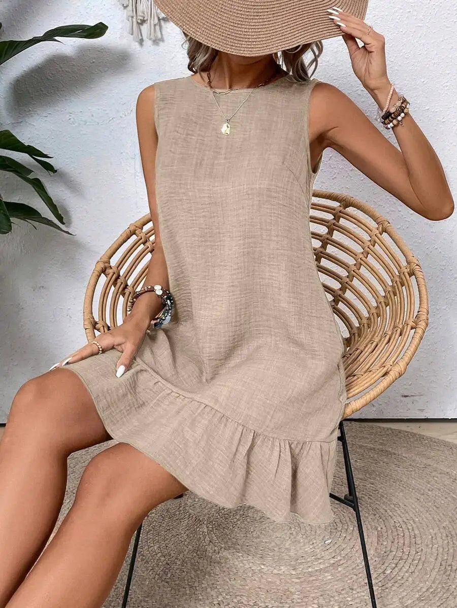 Solid Sleeveless Round Neck Dress With Ruffled Hem