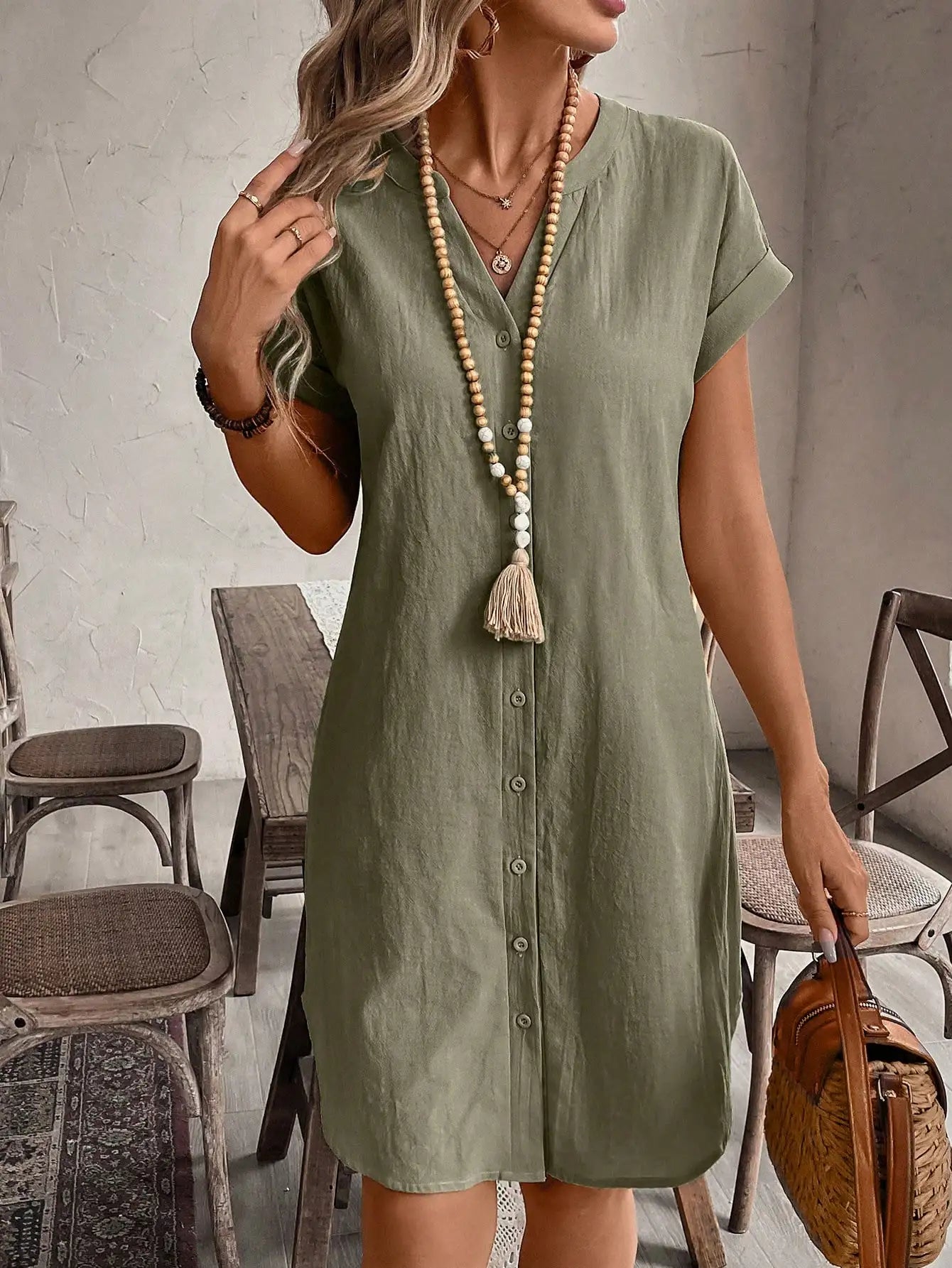 Women's Button Front Short Sleeve Mini Dress 100 Percent Cotton
