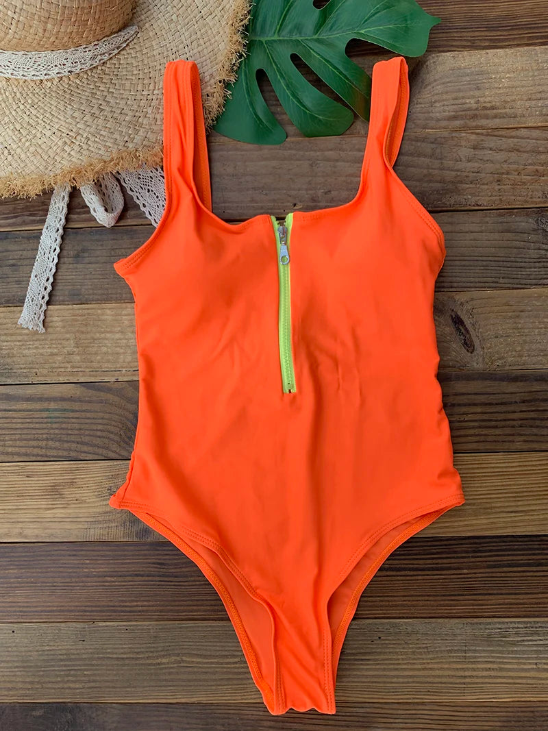 Front Zip Up One Piece Swimsuit Monokini Backless Beachwear Women