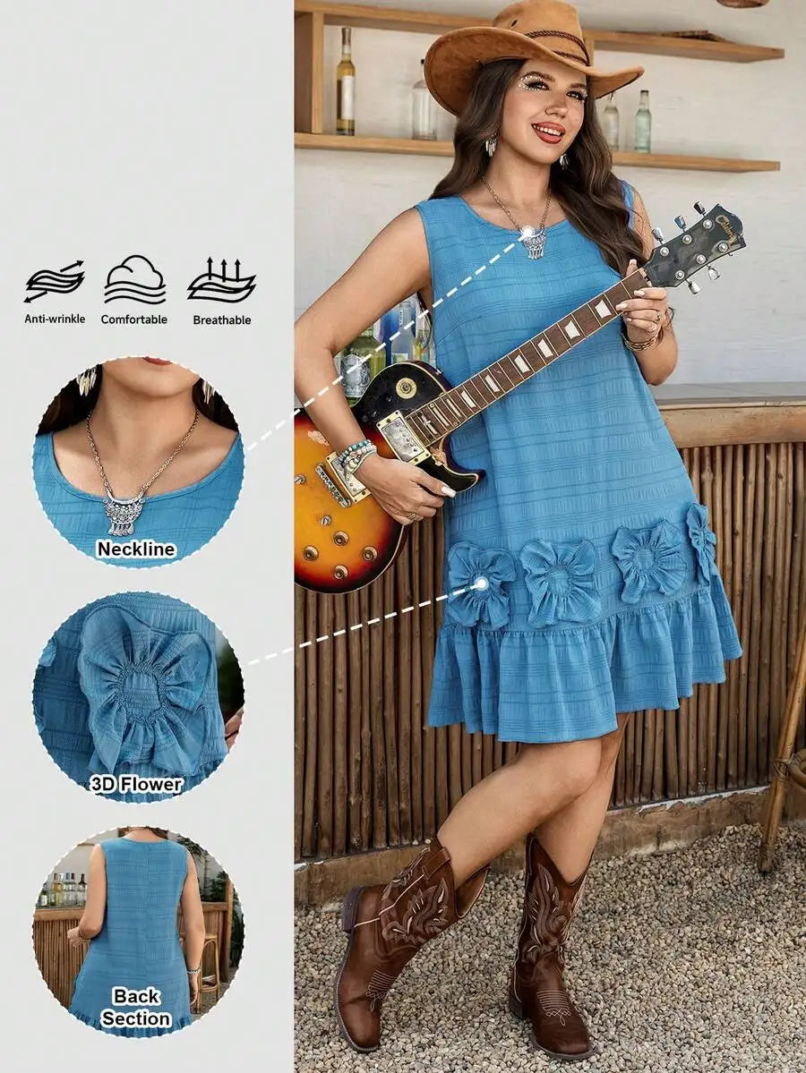 Sleeveless Round Neck Cotton Dress With 3D Floral Ruffles