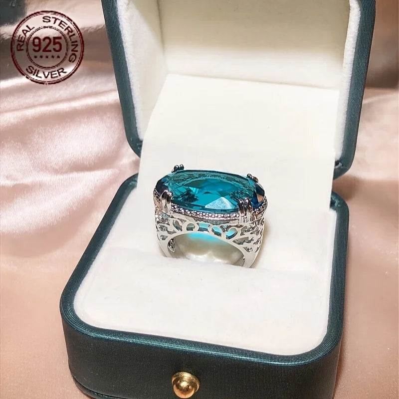 Zircon Ring 925 Silver Hollow Oval Design