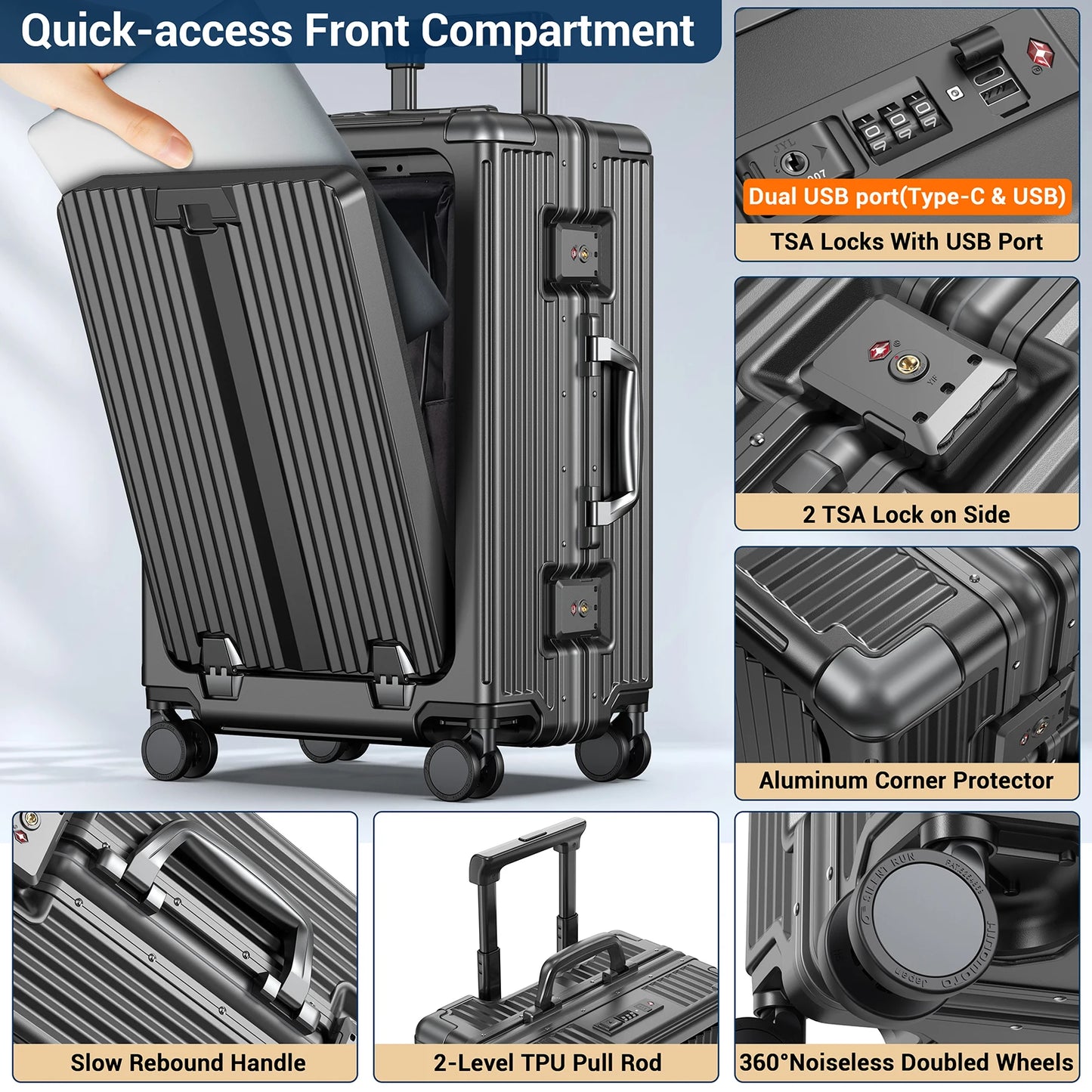 Airline Approved Carry-On Luggage Aluminum Framed With Laptop Compartment