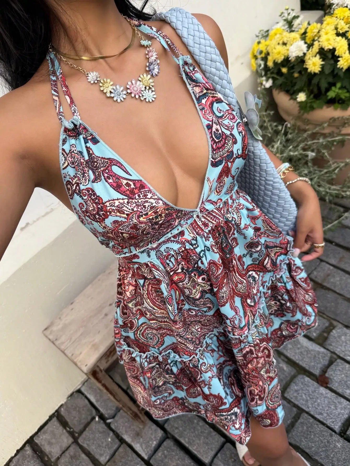 Boho Print Halter Neck Backless Mini Dress With Tiered Ruffles