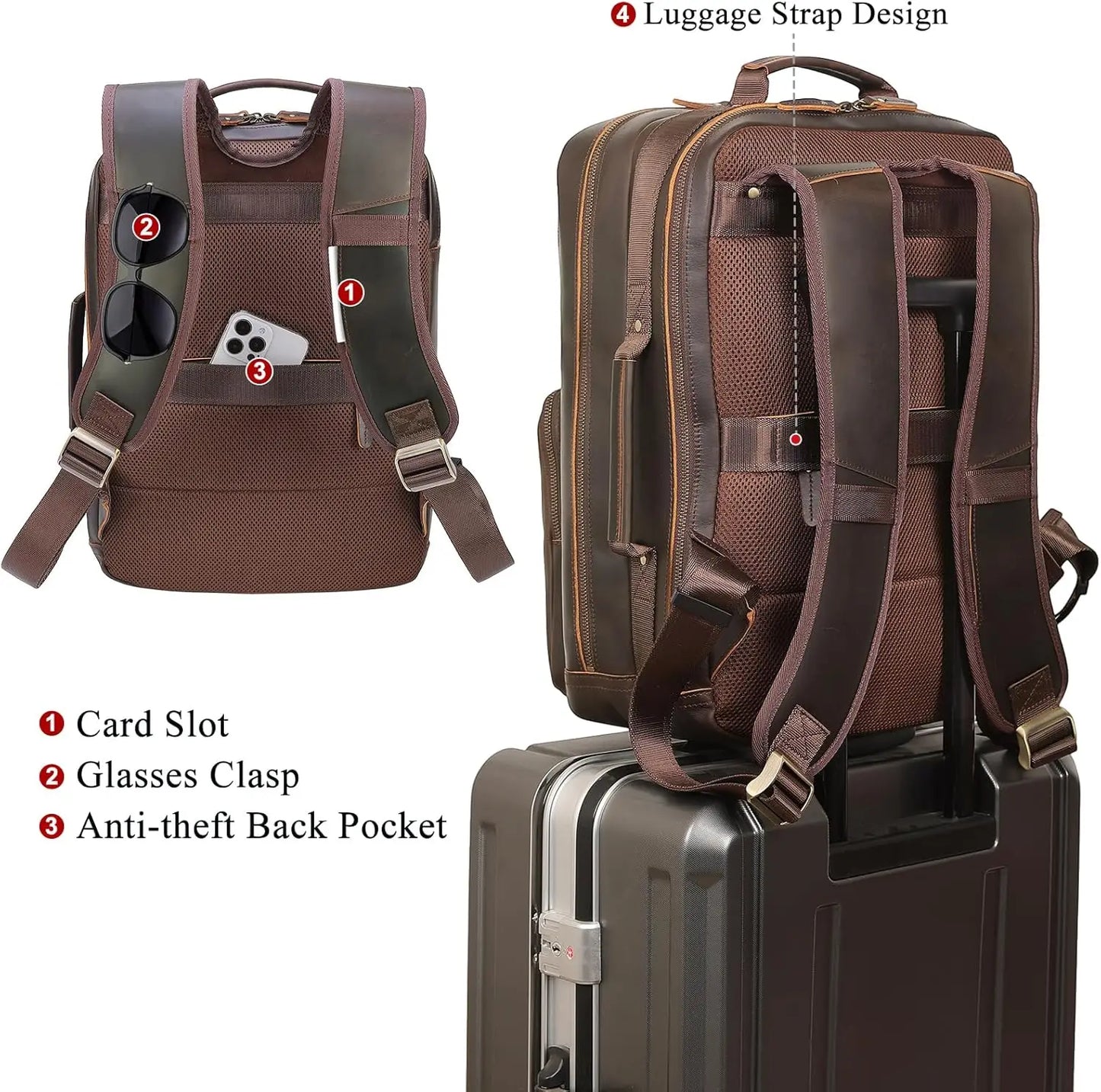 Full Grain Leather Laptop Backpack For Men With Multiple Pockets