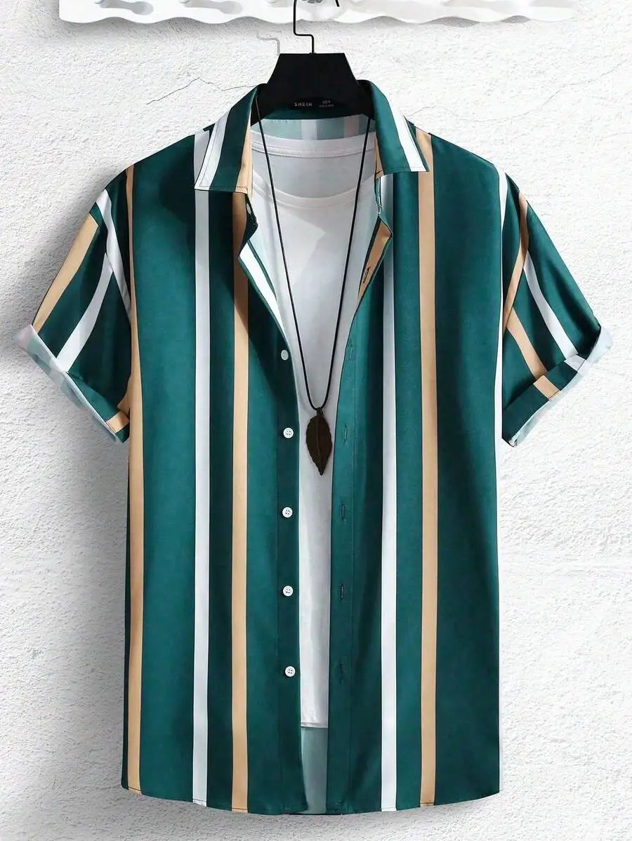 Vertical Stripe Short Sleeve Button Up Shirt Casual Summer