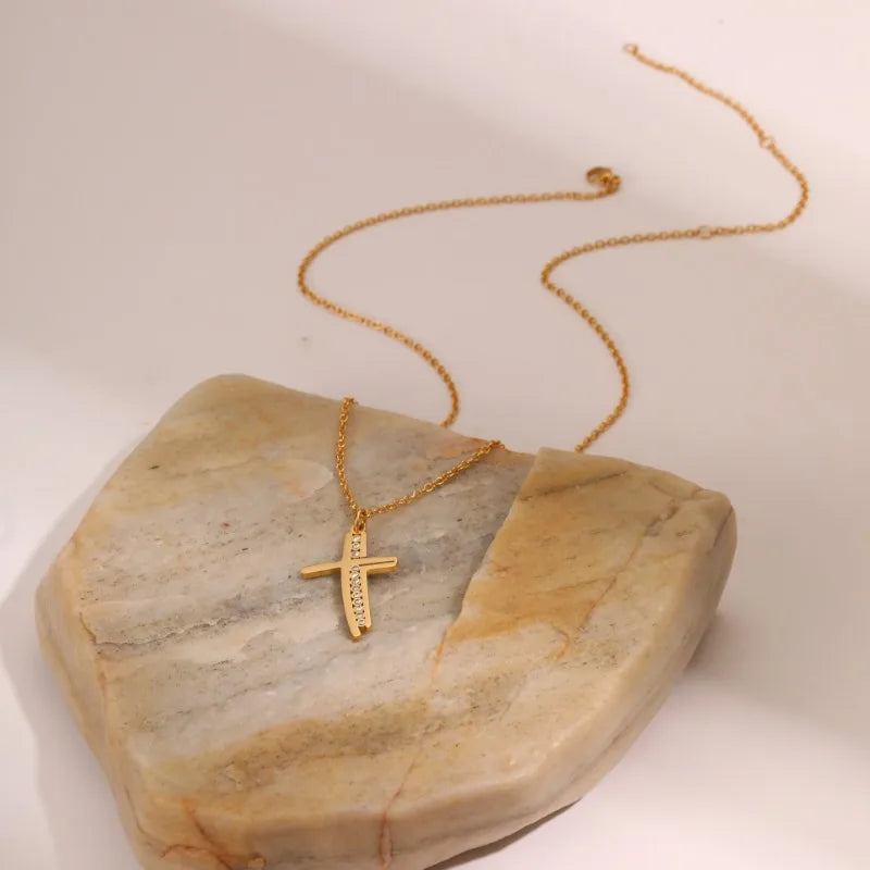 Cross Pendant Necklace Stainless Steel Zircon Chain for Women