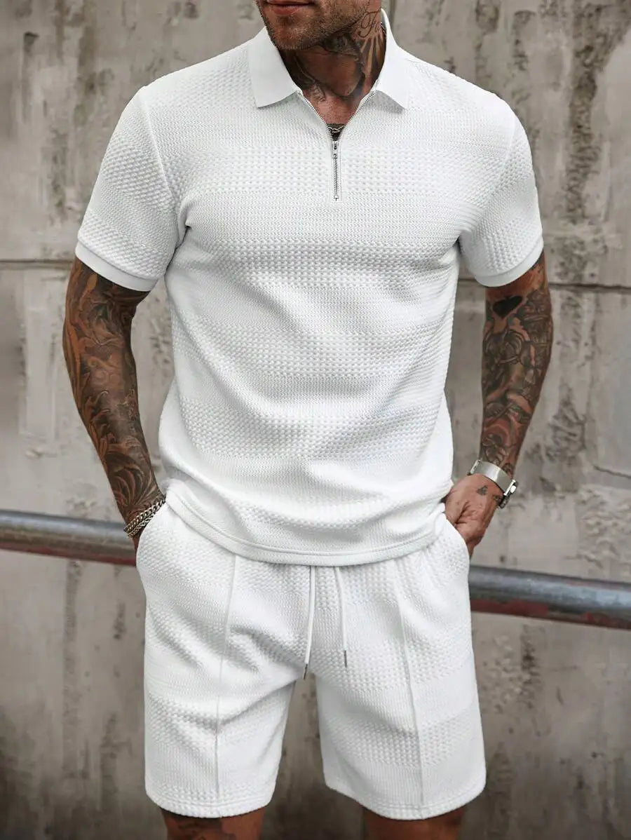 Mens Textured Half Zip Polo Shirt And Shorts Set Summer