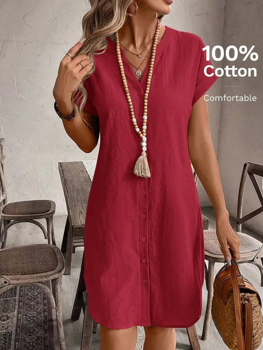 Women's Button Front Short Sleeve Mini Dress 100 Percent Cotton