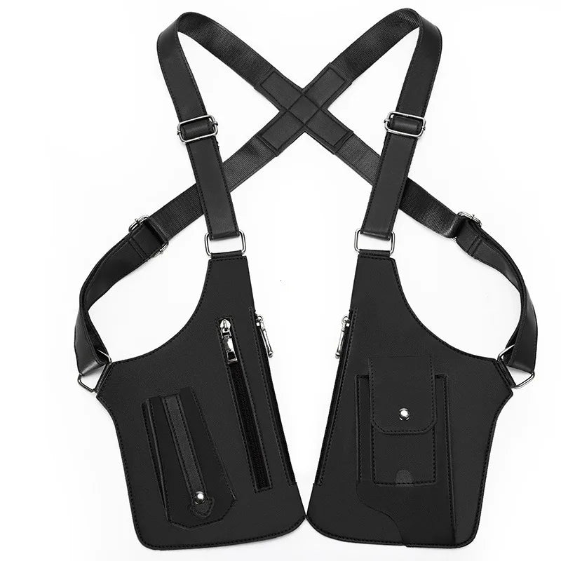 Mens Tactical Vest Bag PU Leather Phone Pouch Underarm Pack