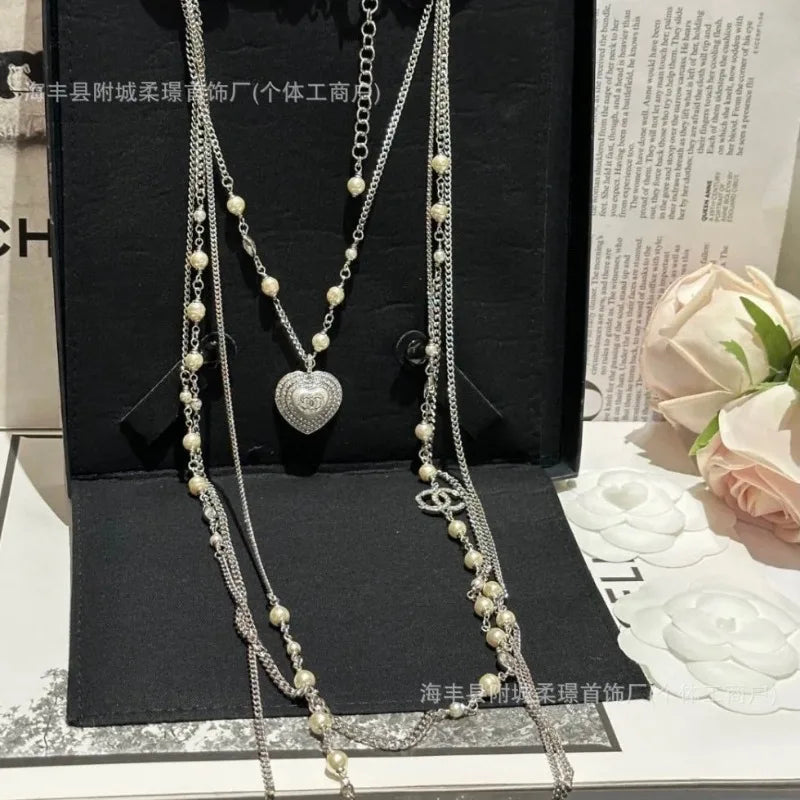 Double C Pearl Necklace Peach Heart Tassel Fragrant Style