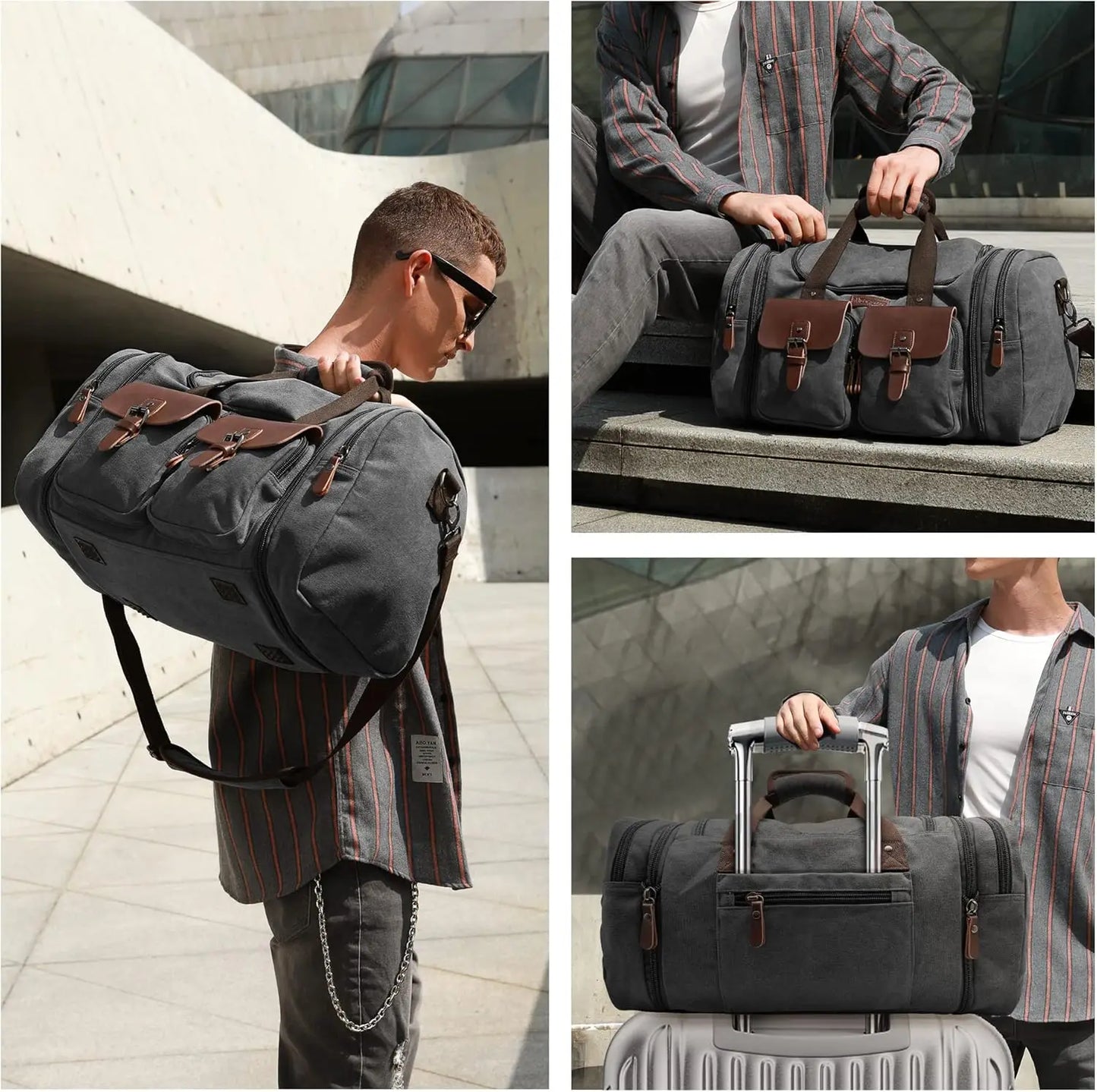 Nylon Canvas Leather Duffle Bag With Shoe Compartment