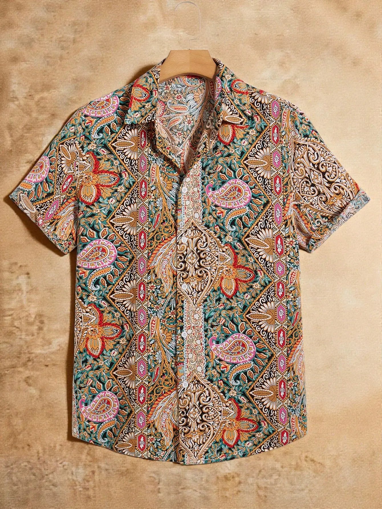 Men's Short Sleeve Button Up Shirt With Paisley Floral Print