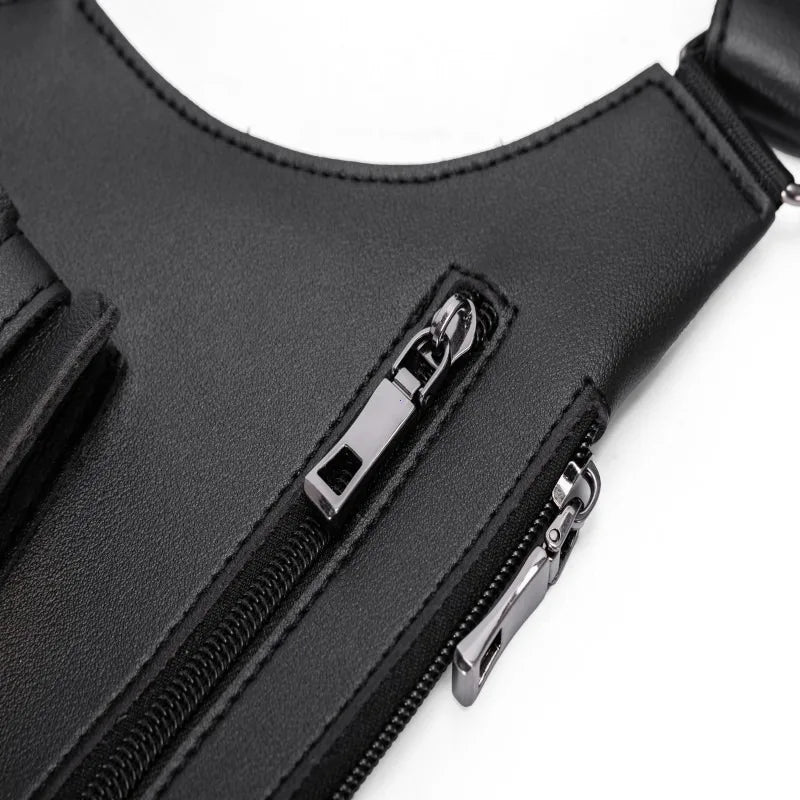 Mens Tactical Vest Bag PU Leather Phone Pouch Underarm Pack