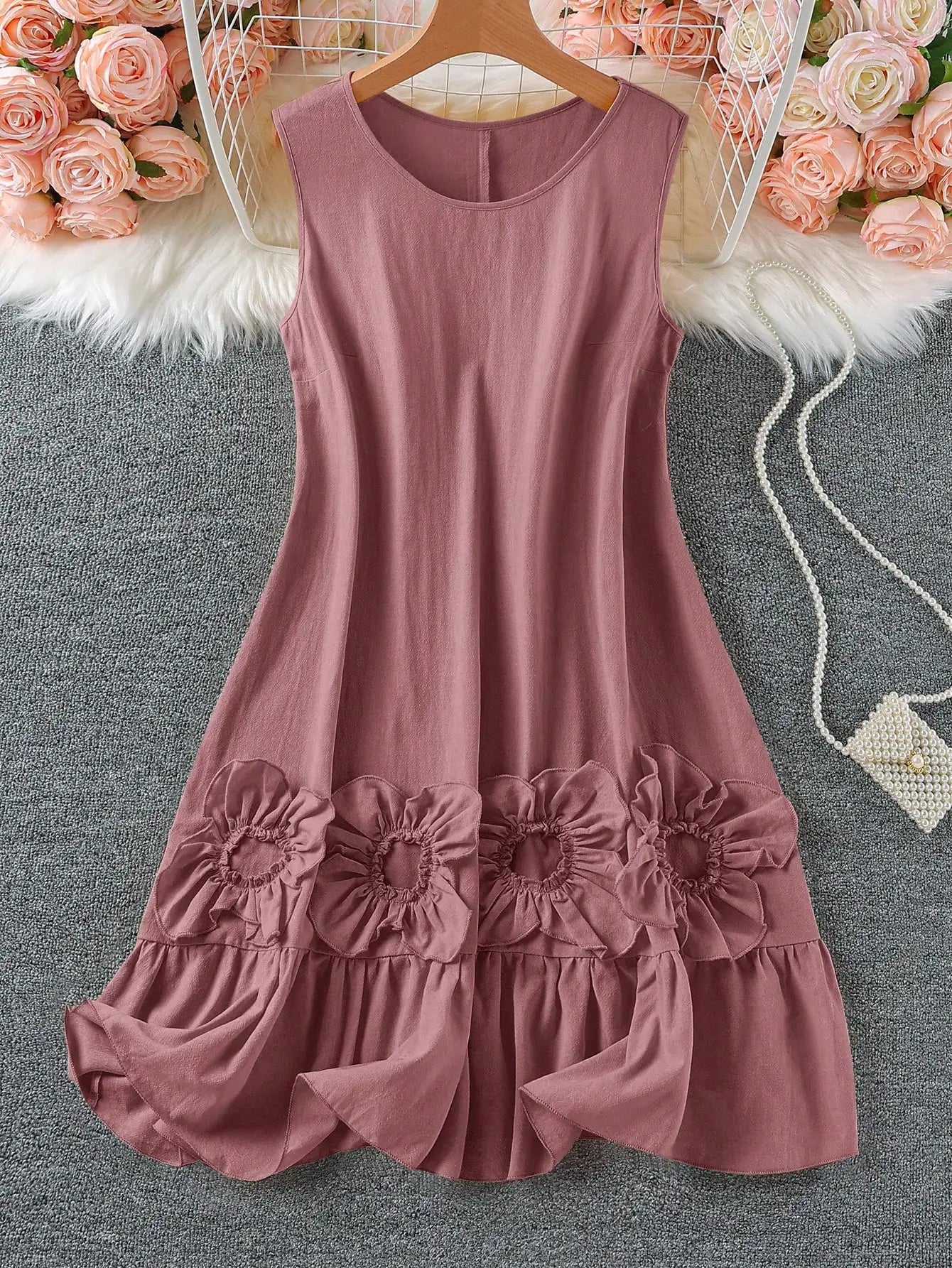 Sleeveless Round Neck Cotton Dress With 3D Floral Ruffles
