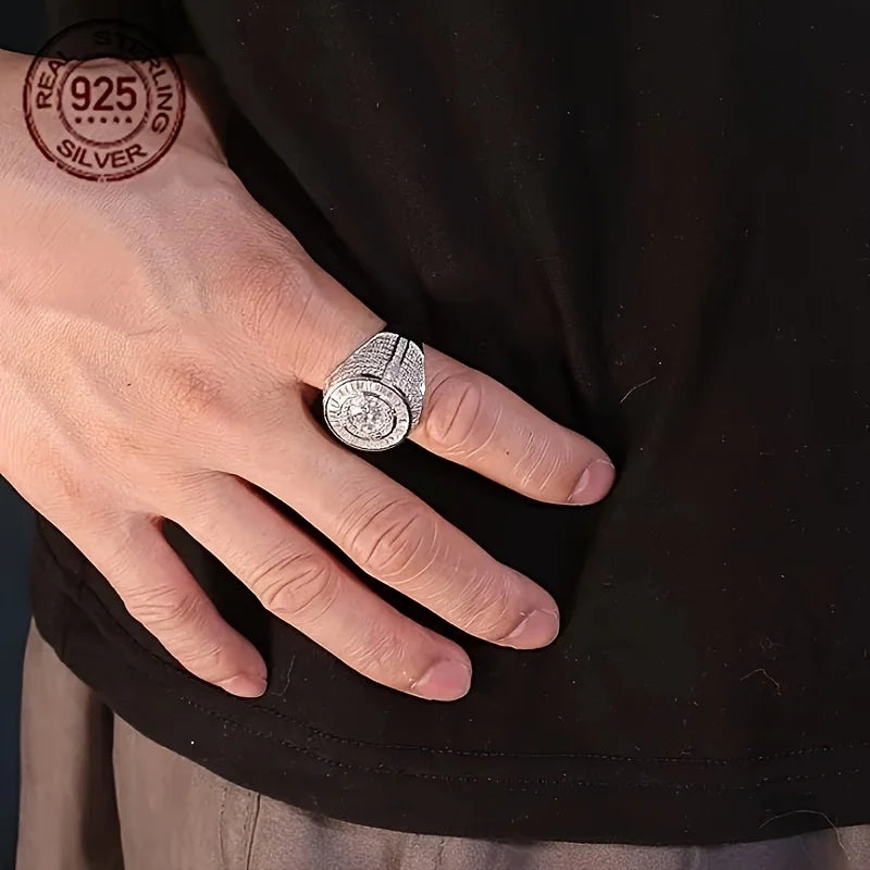 Sterling Silver Circular Baguette Solitaire Ring For Men