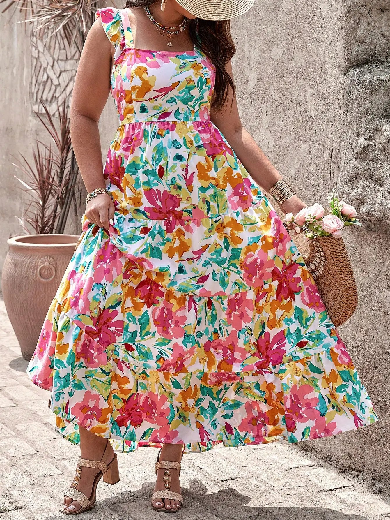 Boho Floral Tiered Backless Dress With Ruffle Straps For Summer Vacation