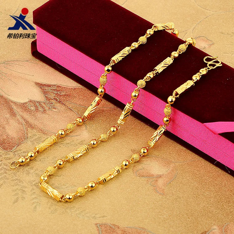 Au999 Hexagonal Column Necklace 24K Gold Unisex Jewelry