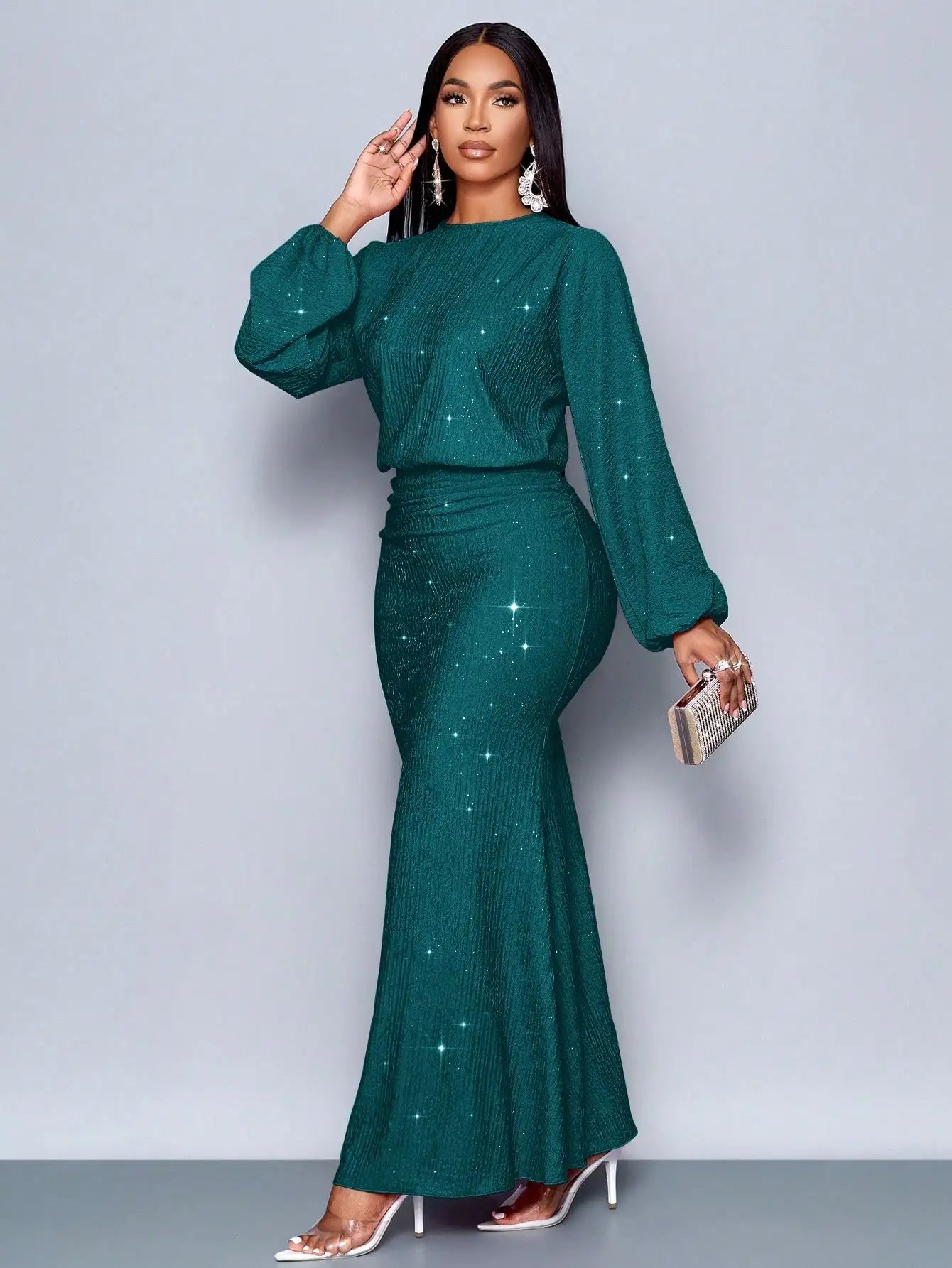 Mermaid Hem Bodycon Maxi Dress With Sequins And Puff Sleeves