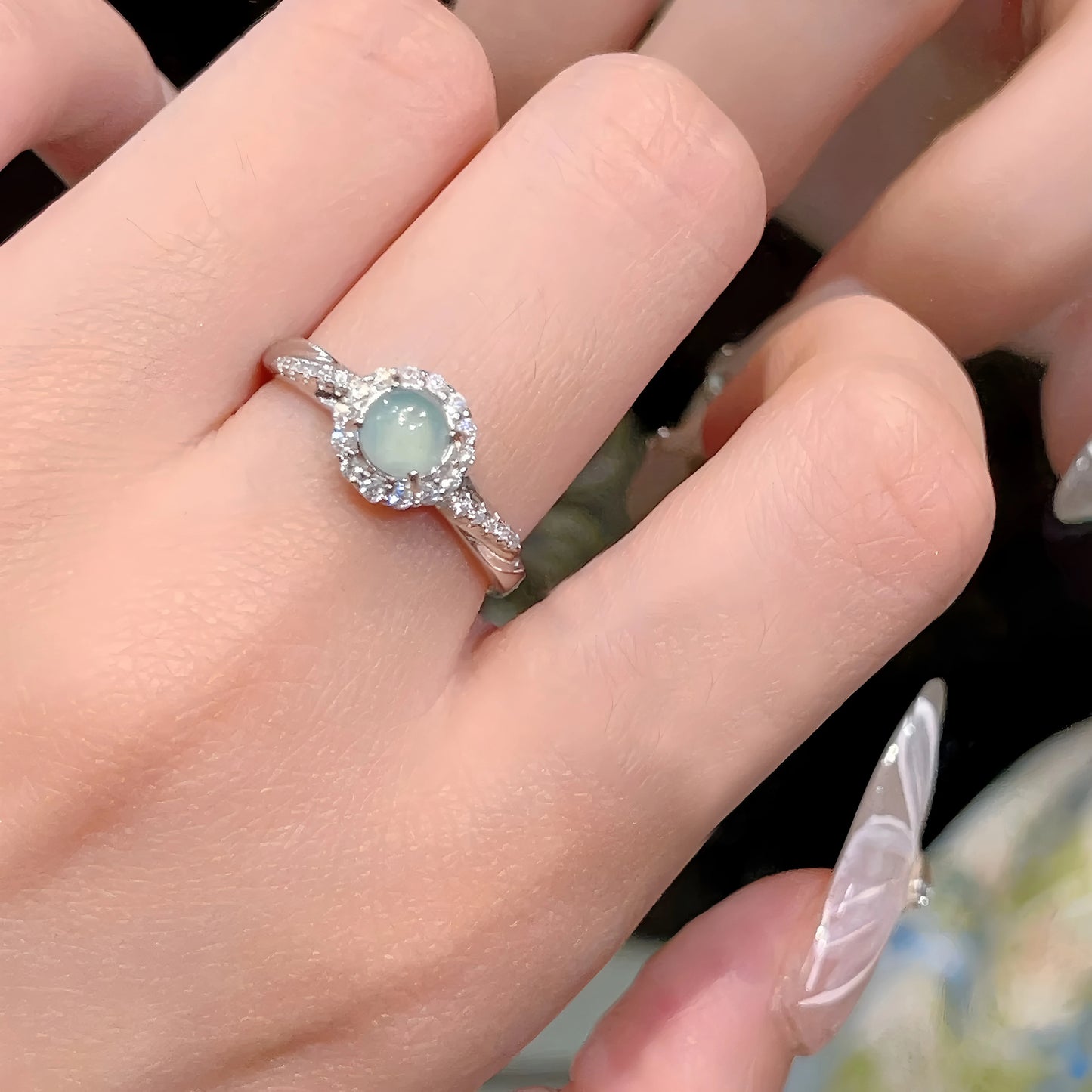 Sterling Silver Hotan Jade Geometric Ring For Women