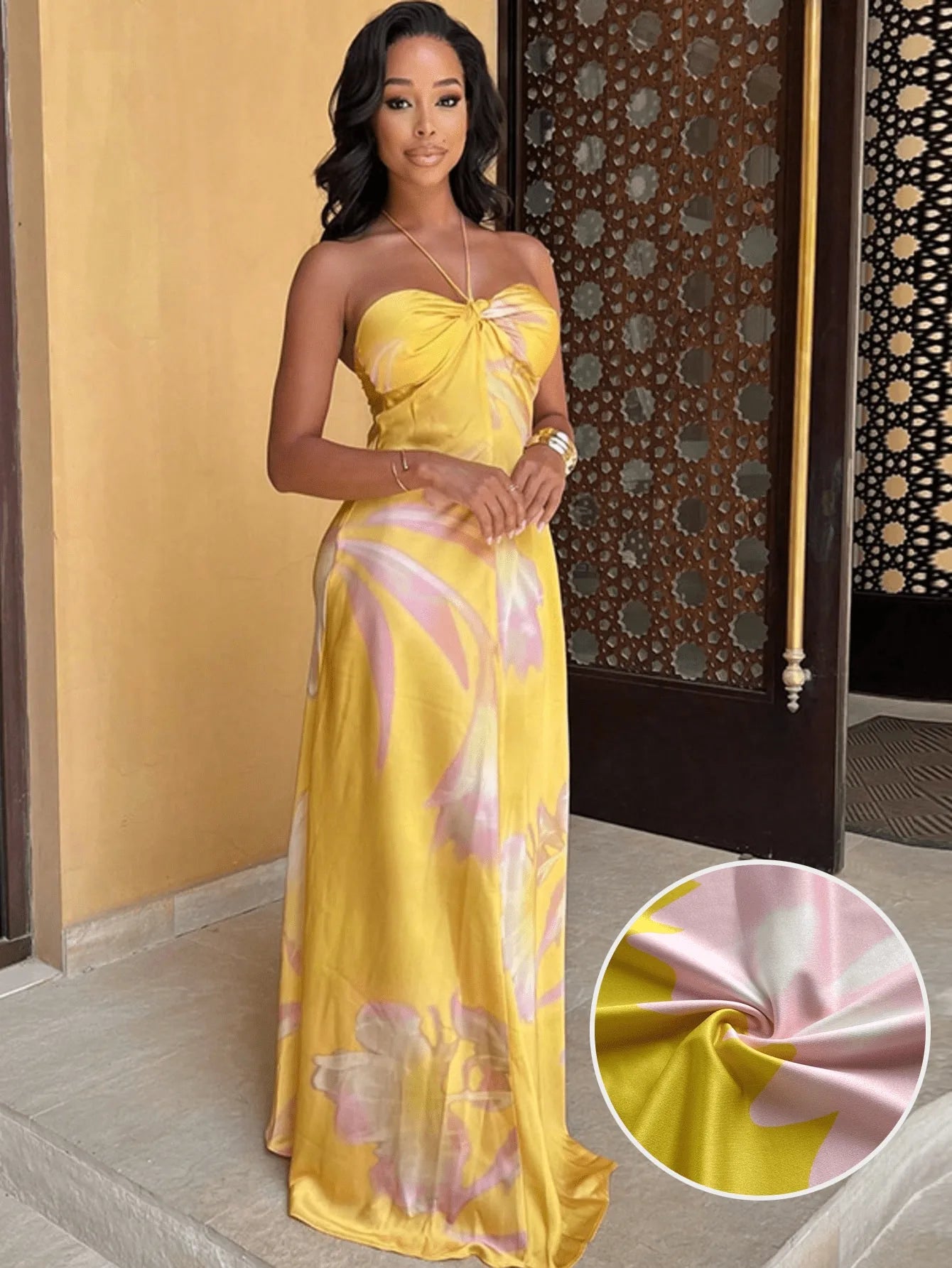 Floral Halter Neck Maxi Dress With Flowy Skirt For Summer Events