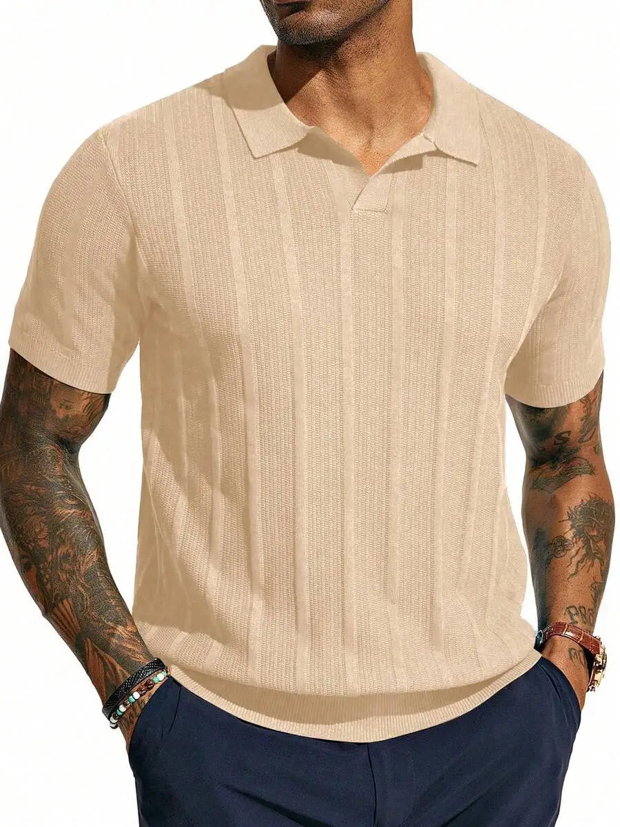Men's Short-Sleeve Knitted Polo Shirt With Vertical Ribbed Texture