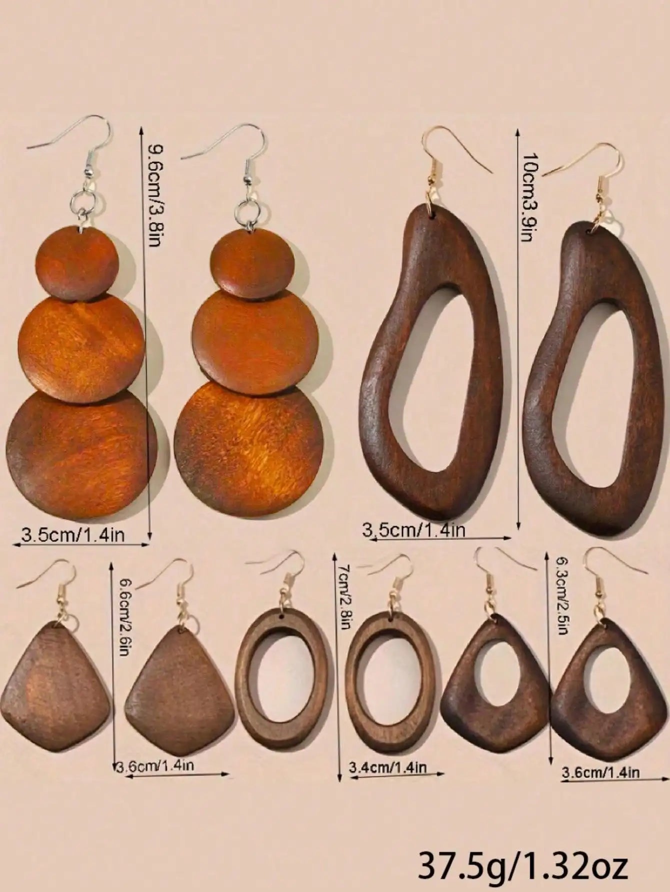 Vintage Wooden Dangle Earrings Set Five Pairs Boho Statement Jewelry