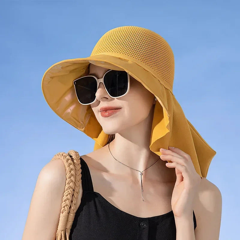Summer Women Bucket Hat Shawl Mesh Face Neck Sun Protection