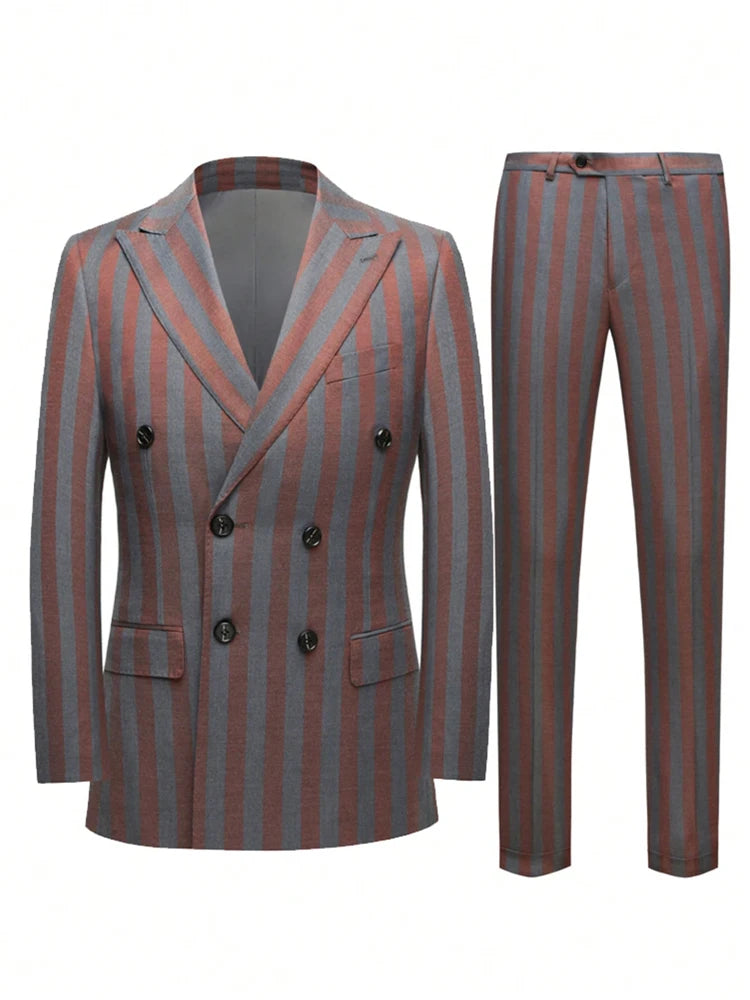 Mens Jacquard 2 Piece Suit Set Slim Fit Double Breasted Jacket Pants