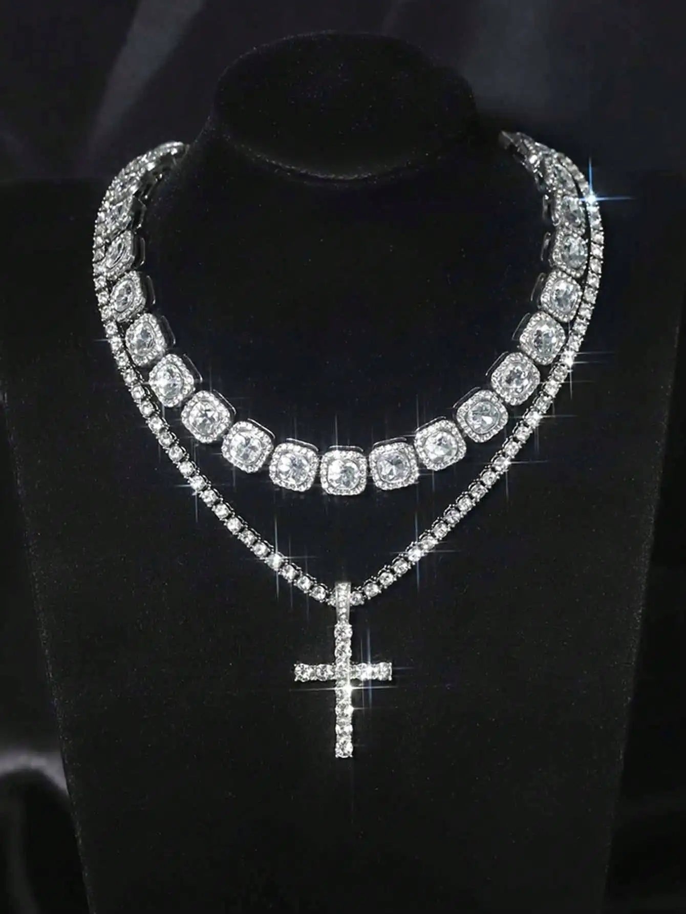 Layered Iced Out Tennis Chain Necklace With Cross Pendant