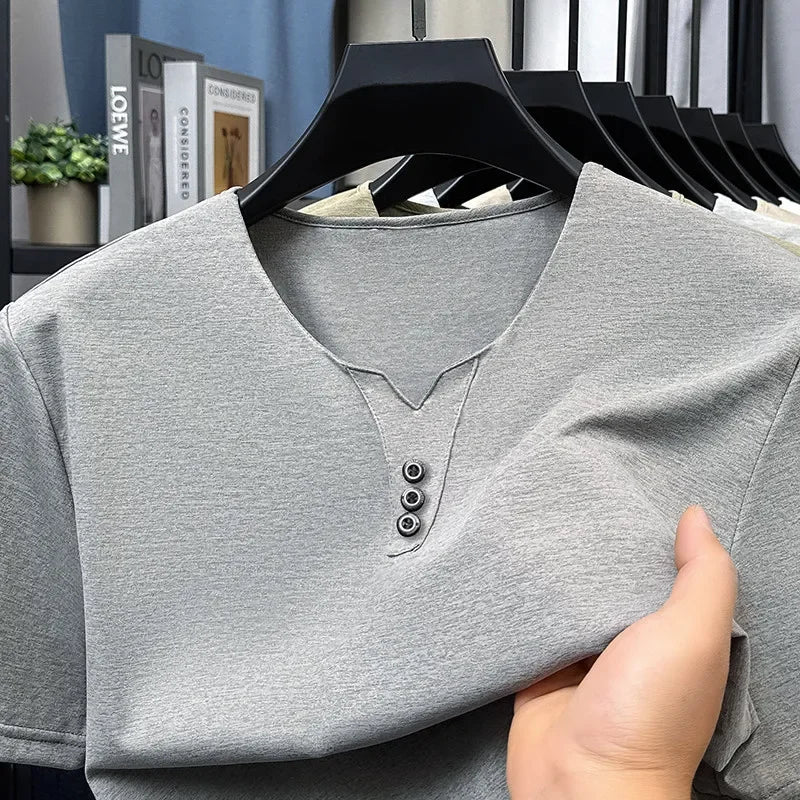 Men's V Neck Short Sleeve Knit Top Polyester Korean Style