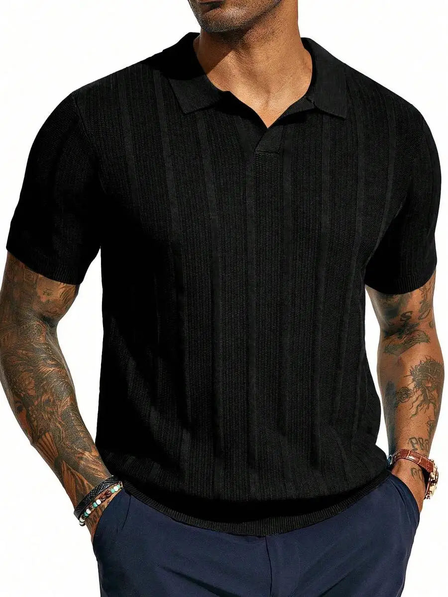 Men's Short-Sleeve Knitted Polo Shirt With Vertical Ribbed Texture